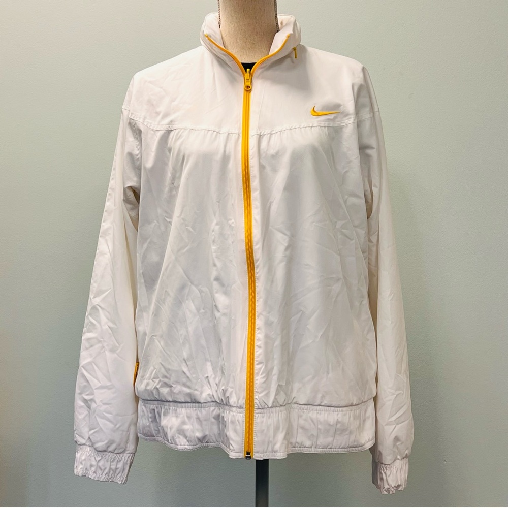 Nike White Jacket with Yellow Accents Wind and Rain Resistant women’s XL